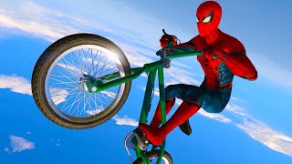 SPIDERMAN RIDES A BIKE THROUGH THE MOUNTAINS FUN KIDS VIDEO NURSERY RHYMES [upl. by Knepper920]