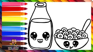 Zeichnen und Ausmalen einer Milchflasche mit einer Schüssel Müsli 🥣🥛🌈 Zeichnungen für Kinder [upl. by Dewie]