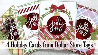 4 Christmas Cards from Dollar Store Tags Pollys Paper Studio Scrap Your Stash Tutorial Process DIY [upl. by Ran]