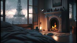 Escape to a Cozy Parisian Bedroom Magical View of the Eiffel Tower and a Roaring Fireplace Ambience [upl. by Adimra887]