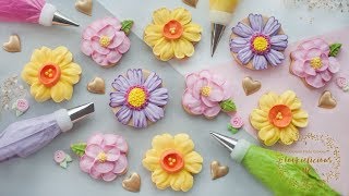 HOW TO PIPE ROYAL ICING TO MAKE 3 BEAUTIFUL FLOWER COOKIES  Camellia Daffodil amp Cosmos Flowers [upl. by Pheni]