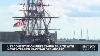 USS Constitution Fires 21Gun Salute With NewlyTrailed Navy Sailors Aboard [upl. by Kress]