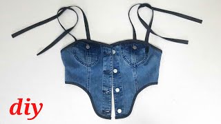 DIY ❤From old denim jacket into denim tank easy reuse ideas jeans top cutting and stitching [upl. by Gautier]