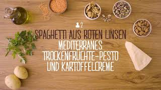 Spaghetti aus roten Linsen mediterranes TrockenfrüchtePesto und Kartoffelcreme [upl. by Bilicki966]