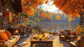 Cozy Fall Porch Ambience Lakeside with🍂 Smooth Jazz Music For Study Relaxing  Crackling Fireplace [upl. by Siroled]