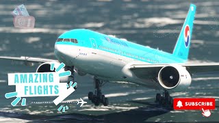 SMOOTH BIG Airplane Flight Landing Boeing 777 Korean Air Landing at La Guardia Airport [upl. by Mungovan]