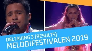 MELODIFESTIVALEN 2019  SEMI FINAL 3 RESULTS  Deltävling 3 RESULTAT [upl. by Nauqit]