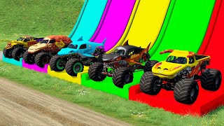 Double Flatbed Trailer Monster Trucks Transport with Slide Color  Cars vs Speed bump  BeamNGdrive [upl. by Ihpen]