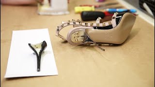 Valentino Shoe Repair  ReCovering Heels on Rockstud Pumps [upl. by Nosnarb197]