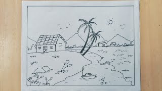 Village Scenery Drawing Step by Step  prakritik drishya drawing village [upl. by Ardolino]