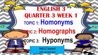 ENGLISH 3 QUARTER 3 WEEK 1 HOMONYMS I HOMOGRAPHS I HYPONYMS [upl. by Anivol]