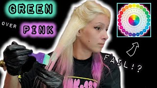 HAIR COLOR THEORY FAIL  Trying to CANCEL OUT PINK HAIR COLOR with GREEN HAIR DYE [upl. by Elbertine]