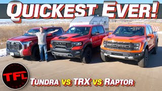 Ford Raptor vs Ram TRX vs Toyota Tundra 060 MPH TowOff Whats the Quickest Towing Truck [upl. by Eeralav]