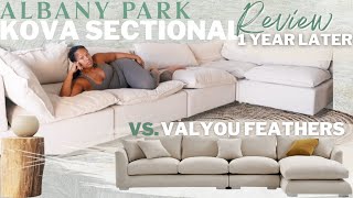 ALBANY PARK KOVA SECTIONAL VS VALYOU FEATHERS 1 YEAR REVIEW  LUXURY MODERN HOME  CLOUD COUCH DUPE [upl. by Yruj]