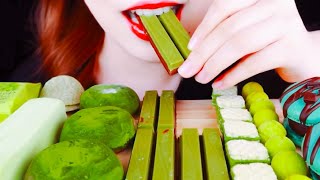 ASMR Green Dessert Feast Macaron KitKat Mochi Ice Cream Eating Mukbang LESAASMR [upl. by Enidlareg]