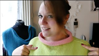 Einen krausen Stehkragen an einen von unten gestrickten Pullover mit UBoot Ausschnitt stricken [upl. by Alyaj]