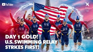 2024 Paris Olympics US wins first gold on Day 1 of the Summer Games in swimming relay [upl. by Mahmoud510]