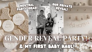 GENDER REVEAL amp PARTY Neutral theme baby gender reveal party ideas  Cute baby clothes haul [upl. by Shlomo]