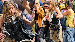 Jennifer Aniston has fake oil thrown on her while filming ‘The Morning Show’ trendingvideosrightnow [upl. by Nirrol280]