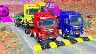 Double Flatbed Trailer Truck vs Speedbumps Train vs Cars  Tractor vs Train BeamngDrive 07 [upl. by Anelaf714]