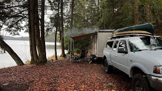 Remote Lakefront in our Cargo Trailer Good Food Rain Storm Woodstove [upl. by Nealey]