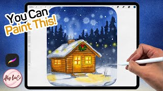 WATERCOLOR Wintery Cabin Tutorial on Procreate in EASY Steps [upl. by Salokkin837]