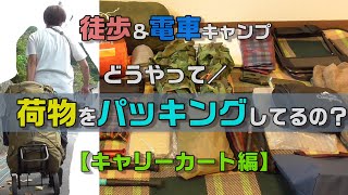 徒歩電車キャンプ 荷物パッキング！キャリーカートにバックパック装備と中身【パッキング詰め方のコツ】ソロキャンプ女子 [upl. by Ennayk]