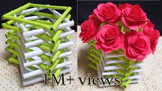 paper flower vase making paper flower pot DIY flower potDIY flower vase [upl. by Aisayt]