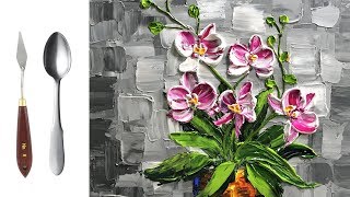 Challenge 14  Paint modern Orchid Flowers with a Palette Knife and a Spoon  Acrylic Painting [upl. by Litnahs]