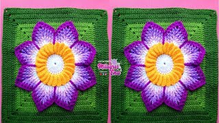 Como tejer el Cuadrado de colores N° 44 o muestra con flor en 3D a crochet para colchas y cojines [upl. by Morell]