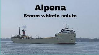 Alpena  oldest freighter on lakes gives steam whistle salute [upl. by Yntirb]