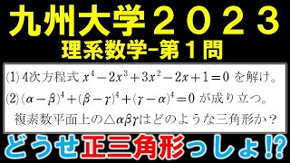 九州大学 2023 数学 理系 第1問 解説 相反方程式と複素数平面上の三角形の形状決定 [upl. by Esinrahs]