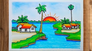 How to Draw A Beautiful Scenery With Oil Pastels Very Easy  Prakritik Drishya Drawing [upl. by Cinderella]