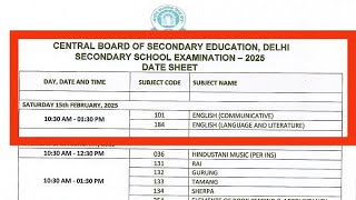 Class 10 CBSE date sheet 202515th February to 18th March board exam datesCBSE date sheet class 10 [upl. by Gettings865]