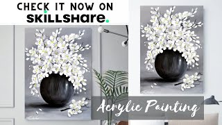 acrylic painting beautiful and easy WHITE flower painting on Canvas LEARN ONLINE SKILLSHARE [upl. by Nathan]