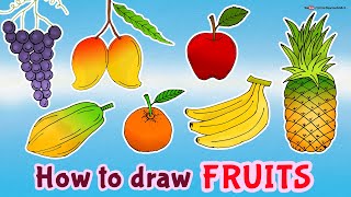 How to draw FRUITS  Apple Orange Grapes Banana Mago Pineapple Papaya [upl. by Annim]