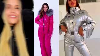 Beautiful winter ski overalls Shiny warm womens winter overalls Girls in puffer down overalls [upl. by Byrle]