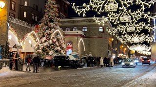 Christmas lights walk St Moritz Switzerland 🎄 4K winter snow walking tour ❄️ [upl. by Colb]