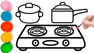 Colourful Pot and Gas Stove Easy and Beautiful drawing easy with colours [upl. by Tak]