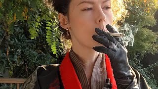 Smoking a cigarette in the breeze at golden hour in silk kimono amp leather gloves VERTICAL [upl. by Drolyag]