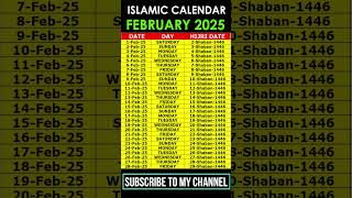 February 2025 Islamic Calendar  February 2025 Urdu Calendar  Shaban 1446 Hijri Calendar  shorts [upl. by Ardnikal]