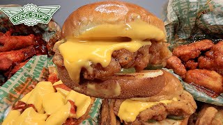 MUKBANG EATING WINGSTOP FRIED CHICKEN BURGER CHEESY BUFFALO FRIES MANGO HABANERO WINGS ASMR [upl. by Eeryk735]