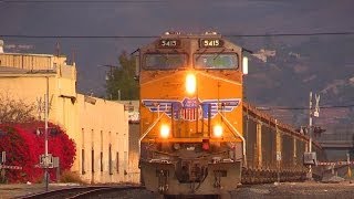 AWESOME TRAIN HORNS  UP Union Pacific Freight Trains in East Los Angeles CA 111613 [upl. by Hamid]