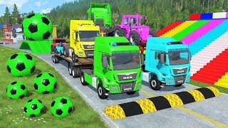 Double Flatbed Trailer Truck vs Speedbumps Train vs Cars  Tractor vs Train BeamngDrive 0170 [upl. by Ewer]