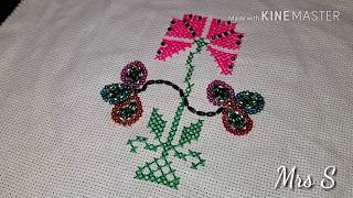 HAND EMBROIDERY  FLOWER amp BEAD WORK USING NYLON THREAD ON AIDA FABRIC [upl. by Oiraved]