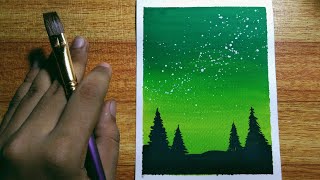 Easy Green Night Sky Poster Color Painting Tutorial for Beginners  StepbyStep [upl. by Winebaum]