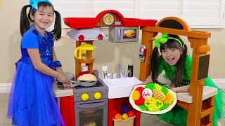 Jannie amp Emma Pretend Play w Kitchen Restaurant Cooking Kids Toys [upl. by Anyrb]