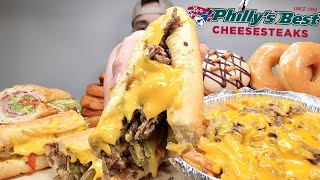 MUKBANG EATING Phillys Best CHEESY Philly Cheesesteak Sandwich Cheesesteak Fries Krispy Kreme Donut [upl. by Alrac]