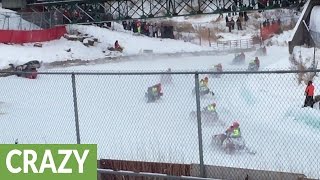 Intensely dangerous crash during snowmobile race [upl. by Spitzer]