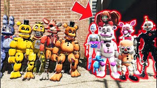 ALL WITHERED ANIMATRONICS VS ALL SISTER LOCATION ANIMATRONICS GTA 5 FNAF Mods [upl. by Nonnahsed]